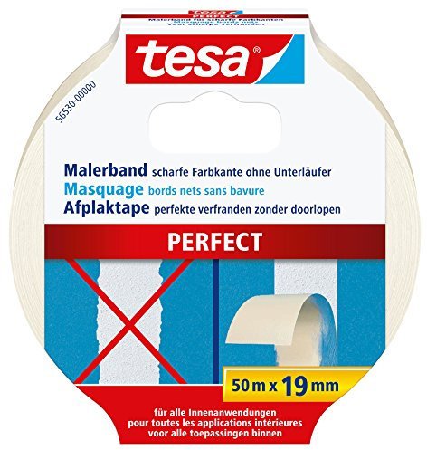 tesa Malerband PERFECT – Dünnes Abdeckband für präzises Abkleben im Innenbereich – aus ungekrepptem Spezialpapier – 50 m x 19 mm