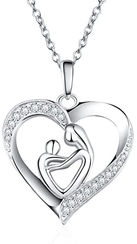 HUABOLA CALYN Necklaces 925 Sterling Silver ‘Mother Holding Child Love Heart’ Shape Zirconia Pendant Necklace