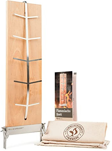 FINNWERK Flammlachsbrett - Flammlachsbretter mit Halterung aus Edelstahl - Perfekte Lachsbretter zum Grillen aus massiver Birke - Auch Ideal als Räucherbrett - Winkelsystem zur optimalen Einstellung