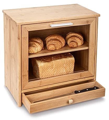 Merysen Bamboo Bread Bins, 2 Layer Bread Storage Container Box with Front Drop Lid and Transparent Window, Self Assembly Bread Tin for Kitchen