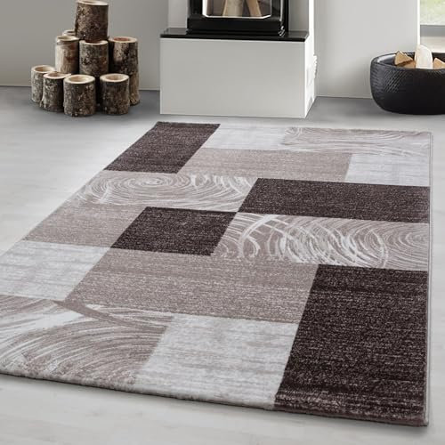 Carpetsale24 Teppich Wohnzimmer Moderne Abstrakt Kariert Design Braun-Beige-Creme 200 x 290 cm - Kurzflor Schlafzimmer Pflegeleicht Extra Weich Flauschig Waschbar Esszimmer Küche