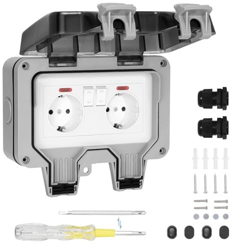 SHYOSUCCE 2 Presa Esterno Impermeabile IP66 con Interruttore, Connettore da Impermeabile e Coperchio Incernierato, Presa Elettrica Esterno per Cucina, Bagno, Garage, Piscina e Giardino