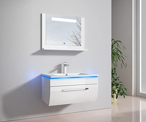 Badmöbelset Hochglanz Weiß - Badezimmermöbel Badmöbel Set mit Waschbecken - Vormontierte Komplettprogramme für Badezimmer - Bademöbel Angebot Doppelwaschbecken mit Waschbeckenunterschrank
