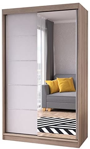Fabryka Mebli Idźczak Kleiderschrank mit Spiegel, Wohnzimmerschrank - Sonoma, Weiß Schwebetürenschrank, Schlafzimmerschrank - 61 x 120 x 200 cm - Schrank für Schlafzimmer, Wohnzimmer, Garderobe