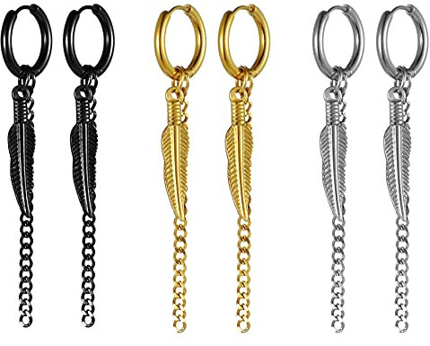 JewelryWe Schmuck 3 Paar Ohrringe Set Creolen mit Feder Blatt und lange Kette Anhänger Edelstahl Hängend Ohrhänger Huggie Ohrstecker Geschenke für Herren Damen Schwarz Gold Silber