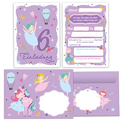 Junapack 12 Einladungskarten incl. 12 Umschläge zum 6. Kindergeburtstag sechste Geburtstag Mädchen Ballerina