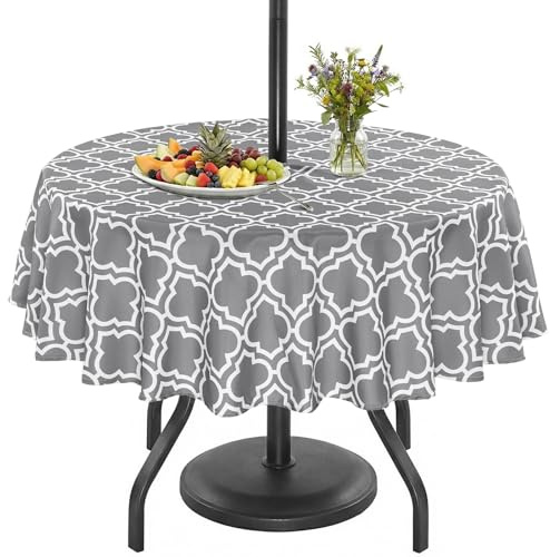 Eternal Beauty 152cm Round Grey Plaid Indoor Outdoor Splashproof Tablecloth with Umbrella Hole and Zipper for Patio Garden Party and BBQ （60）