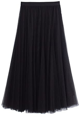 iyoimono Damen Tüllrock Falten Rock Höhe Taille A Line Mesh Freizeit Fashion Skirt Spitze Rock Midi Plisseerock Lässig Frühlingsrock(Schwarz)