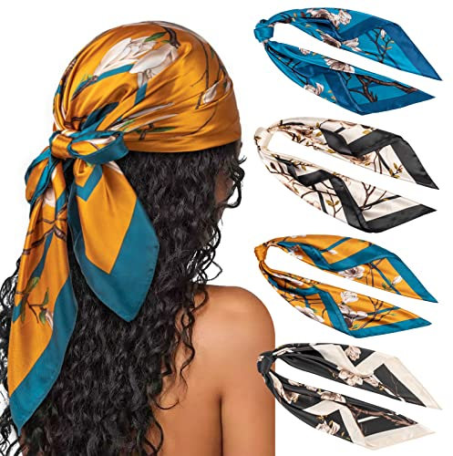 DRESHOW 4 Pack Femmes Grand Foulards Carrés Satin Foulards Cheveux Accessoires Soie Carrés Motifs Classiques Bandanas Plage