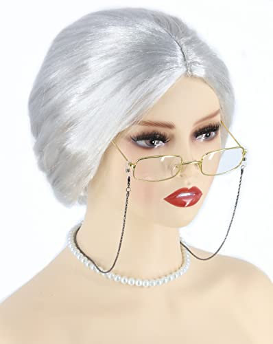 LeMarnia Weiß Alte Damenperücke mit Anziehrequisiten, Oma-Brötchen-Perücke, Halloween-Party-Perücke