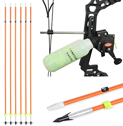 SHARROW Bogenschießen Bogen Angelrolle Spincast Rolle Spinnrolle Bowfishing Reel Rollen mit 40m Angelseil 6pcs Fiberglas Angeln Pfeile Bowfishing Pfeile für Compound Recurve Bogen (Orange)