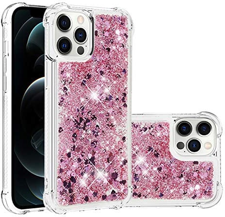 IMIRST Silikon Handy Hülle für Apple iPhone 12 Pro Max, Ecke Airbag Fallschutz Glitzer Treibsand Stoßfest Handyhülle TPU Bumper Sparkle Case für Apple iPhone 12 Pro Max. YBW Love Rosegold