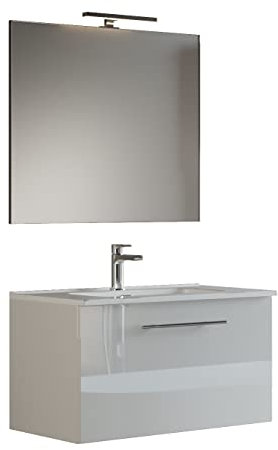MaMa Store GEA1 60 - Mobile Bagno Sospeso 60 CM monocassettone Bianco Lucido Laccato con Lavabo, Specchio e Lampada LED, L.62 X P.46 X H.45 cm