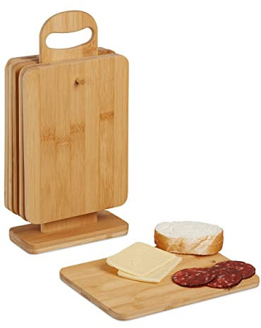 Relaxdays Frühstückbrettchen Set mit Ständer Tabla de Cortar y Servir con Soporte, Pack de 6, Bambú, Bandejas Quesos, 22 x 16 cm, Pan y Desayuno, Natural, 32.5 x 16 x 7 cm