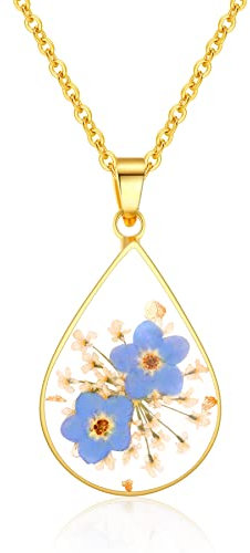 Vergissmeinnicht und Königin Annes Spitze gepresste Wildblumen-Halskette | Vergissmeinnicht schmuck | Halskette mit gepressten Blumen aus Gold | Handgefertigte Halsketten Geschenk für Frauen | 45cm