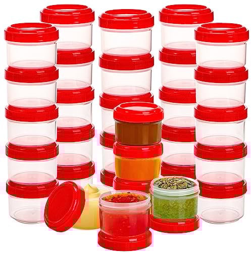 Elsjoy 30 Stück Dosen mit Deckel, 35 ml Soßenbehälter Salatdressing Behälter, Kleine Lebensmittelaufbewahrungsbehälter, Mini Camping Plastik Dosen Set, wiederverwendbar, auslaufsicher, Mini Behälter