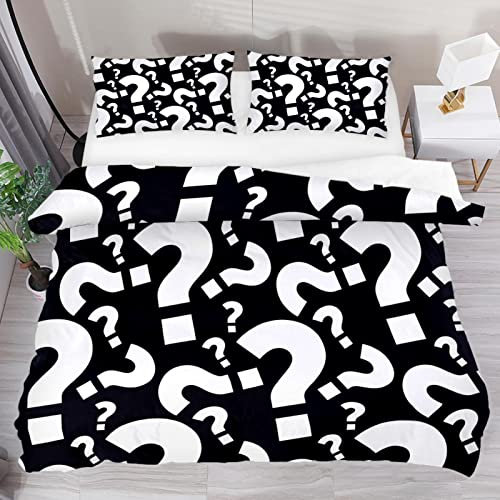 Kingsize-Bettbezug-Sets, lustige Fragezeichen, schwarz-weiß, 3-teilig, ultraweiches Bettwäsche-Set, 1 Bettbezug mit 2 Kissenbezügen, Reißverschluss und 4 Eckbänder