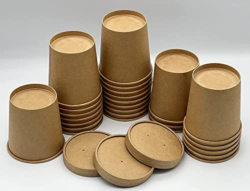 HOT BARGAINS 100 Brown Kraft Disposable Soup Cups with Lids - 16oz Paper Soup Bowls for Ice Cream, Dessert and Deli Containers