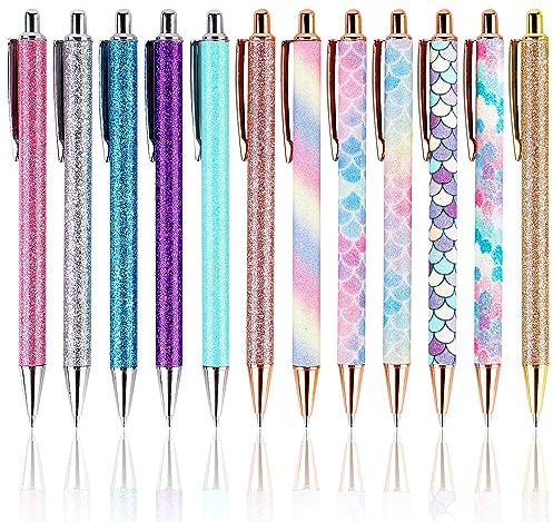 Kugelschreiber,12 Stücke Glitter Kugelschreiber,Einziehbarer Kugelschreiber Metall,Glitzer Metall Kugelschreiber,Klick-Kugelschreiber Mädchen für Schule Büro Bedarf Geschenk,1,0 mm, Schwarze Tinte