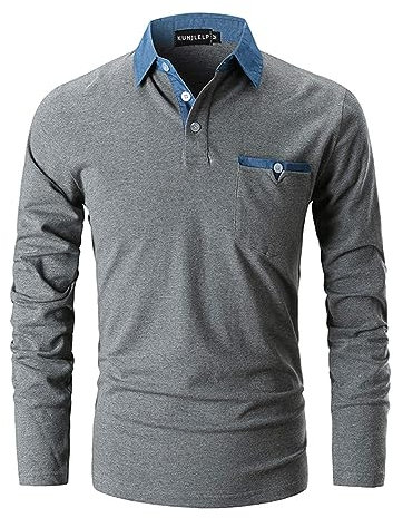 KUNJLELP Poloshirt Herren Langarm, T Shirts Männer, Hemd Herren Denim-Splice T-Shirt Golf Polo Shirt,Grau,L