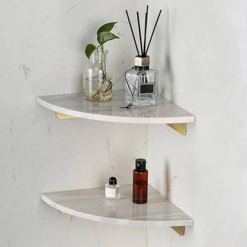 Koville Italienisches Eckregal aus natürlichem Marmor, 2 Stück, Wand-Eckregal-Organizer für Badezimmer/Küche/Wohnzimmer/Schlafzimmer, polierte Marmoroberfläche mit Metallregal (Sandweiß)