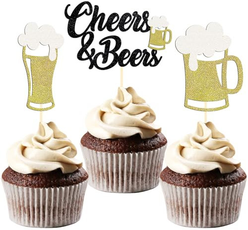 Lot de 24 décorations de cupcakes à paillettes pour tasse de bière, bouteille de lait, cupcakes pour fête prénatale, anniversaire, fête sur le thème de la bière (Cheers & Beers)