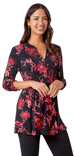 Roman Originals Pintuck Shirt for Women Ladies Jersey Blouse Collarless Top Flare Crinkle Notch Neck Tunic 3/4 Length Sleeve Longline Smart Casual Party Going Out - Fuschia - Size 10