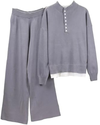 COSKTIARL Zweiteiliges Damen-Strickset – Herbst/Winter, Graues Strickset, Damen-Rundhalspullover, Pullover, Weites Bein, Hosenset, Elegantes Damen-Zweiteiler-Set, Wie Abgebildet, S