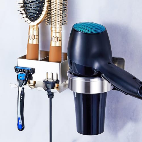 Porte Seche Cheveux Mural, Support Seche Cheveux sans Percage, Acier Inoxydable Support Seche Cheveux, Porte Rangement Seche Cheveux pour Salle de Bain HôTel De Chambre à Coucher