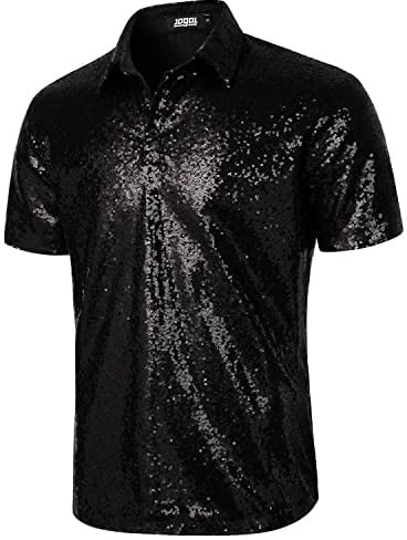 JOGAL Herren 70er Pailletten Hemd Kurzarm Disco Party Oberteile Nightclub Glitzer Poloshirts Schwarz Groß