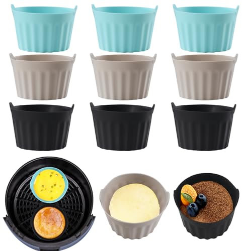 Baketron 9PCS Moule Silicone Air Fryer,Plat Pour Friteuse Sans Huile,Mafin Coupe Moule,Moule Pour Gâteau Au Four,Moule à Tarte Aux Oeufs,Air friteuse Accessoires, Silicone Bakeware,Noir + gris + bleu