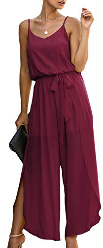 ASOMI Jumpsuit Damen Sommer Lang: Sexy Cocktail Elegant Mode Gürtel Overall Hochzeit Hawaii Urlaub Strand V-Ausschnitt Hosenanzug Business Baggy Festlich Spaghettiträger Outfit 84Rotwein 2XL