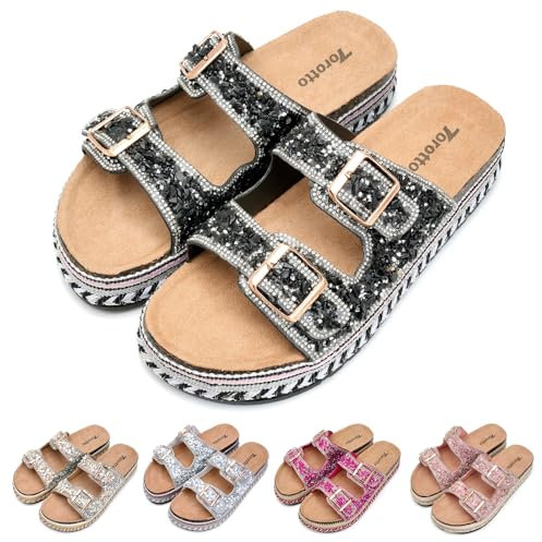 Torotto Damen Pantoletten Modische Sandalen Metallic Hausschuhe mit verstellbaren Riemen Verdickter Boden 4CM(schwarz,39 EU)