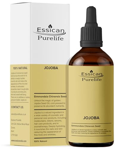 Essican Purelife Premium Jojoba Oil 100ml - Jojoba Carrier Oil For Hair Growth, Nails, Face Moisturiser and Skin Care Promotes Vibrant, Healthy Skin For Radiant Look in Glass Amber Bottle