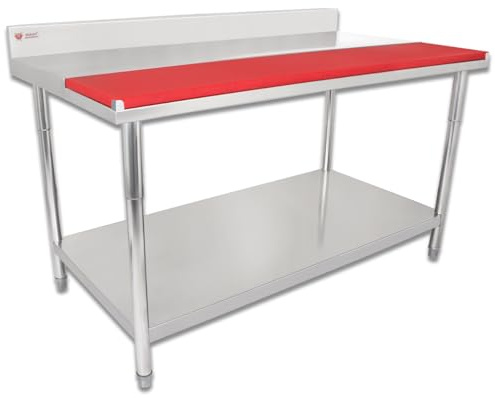 Beeketal 'BAZV-150a' Gastro Edelstahl Arbeitstisch 150 x 80 cm bis 220 kg belastbar (Tisch verschweißt und fertig montiert) mit PE Schneidbrett, Aufkantung, Ablagefläche und justierbaren Standfüßen