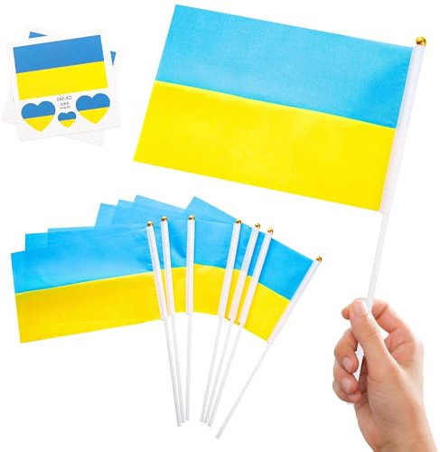 10pcs Mini Ukraine Flags on Sticks & 2pcs Tattoos, Small Ukraine Flags Ukrainian 2024 Decorations Hand Held Flags for Games 2024 Sports Events Independence Day Party Decorations