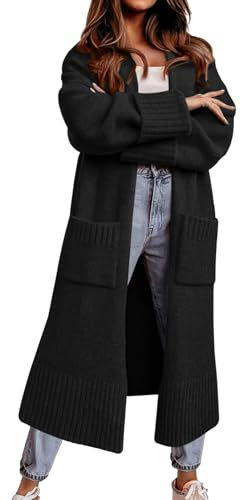Imily Bela Strickjacke Damen Lang mit Taschen Elegante Leichtes Cardigan Locker Lässig Pullover Open Front Herbst Winter(Schwarzm,M)