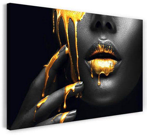 Printistico Leinwandbild (120x80cm) Sinnlicher Mund - Frauen Fotografie schwarz weiß mit Gold, echter Holz-Keilrahmen inkl. Aufhänger, handgefertigt in Deutschland