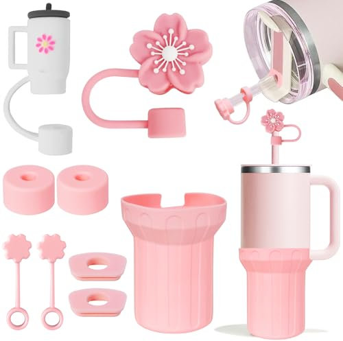 MirraSwit Cup Accessories Set for Stanley, Includs 6 Pcs Silicone Spill Proof Stopper, Cup Spill Stopper, 2 Pcs Straw Cover Cap for 9-10 mm Straw, 1 Silicone Boot for 40oz&30oz (Pink)