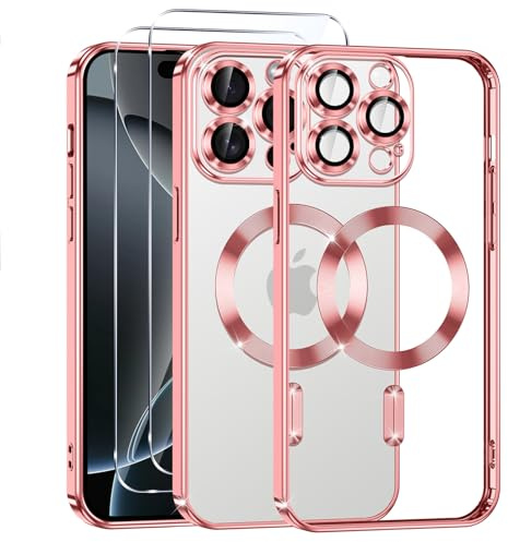 Phoona Cover Placcatura per iPhone 16 Pro 6,3 Pollici, Obiettivo per Fotocamera Protezione Completa e 2 × vetro temperato, Compatibile con MagSafe Ricarica Wireless, Protezione Militare, Rosa