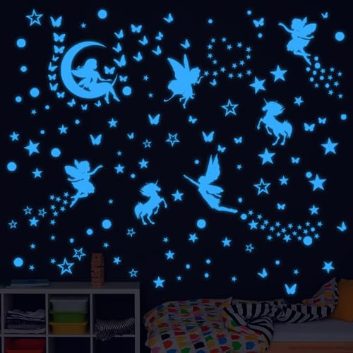 Leuchtendes Wandtattoo Kinderzimmer, Wandtattoo Schmetterlinge Feen Leuchtend, Aufkleber Fluoreszierend Wandsticker für Kinder Mädchen Babyzimmer Schlafzimmer Spiegel Dekoration Blau