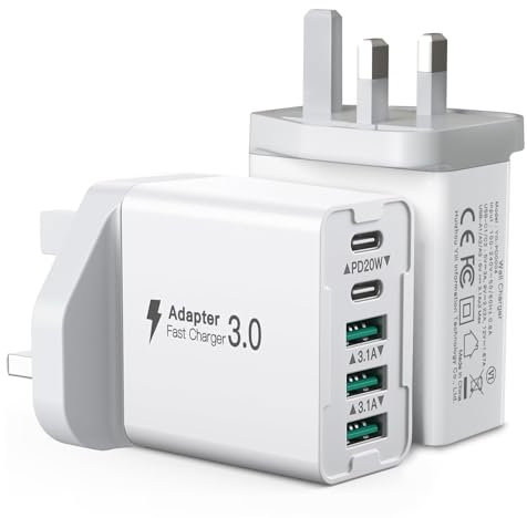 [2 Pack] USB C Plug, 50W 5-Port Fast Charger Plug UK Type C PD Power Adapter Wall Charger Block Compatible with iPhone 16/15/14/13/12/11/Galaxy S24 Ultra/S23 Ultra/S22 Plus/S20 Fe