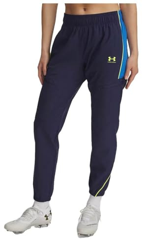Under Armour UA W Challenger - Pantalones de Calentamiento, Color Azul Marino Lavado, Amarillo de Alta Visibilidad, Talla SM
