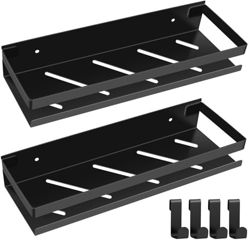 FoiiLiio Etagere Douche sans Percage 2 Pièces Etagere Salle de Bain 30cm Etagere de Douche en Inox avec 4 Crochet, Etagere Salle de Bain pour Le Gel Douche et Le Shampooing, Noir