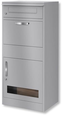 Metzler Briefkasten und Paketbox mit Sichtfenster, Postbox rostfrei und massiv, Paketbriefkasten XXL, Standbriefkasten modern, RAL 9007 Graualuminium matt, mit Zylinderschloss | Bispo 3