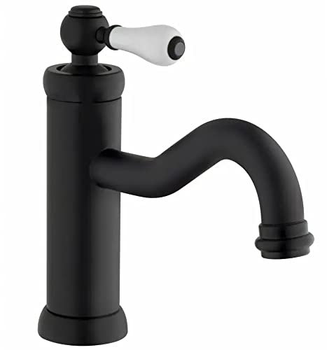 Yellowshop - Miscelatore bagno completo rubinetteria Como retrò vintage leva pomo bianco lavabo bidet vasca e doccia incasso esterno in ottone nero flessibile inox Made in italy (Lavabo)