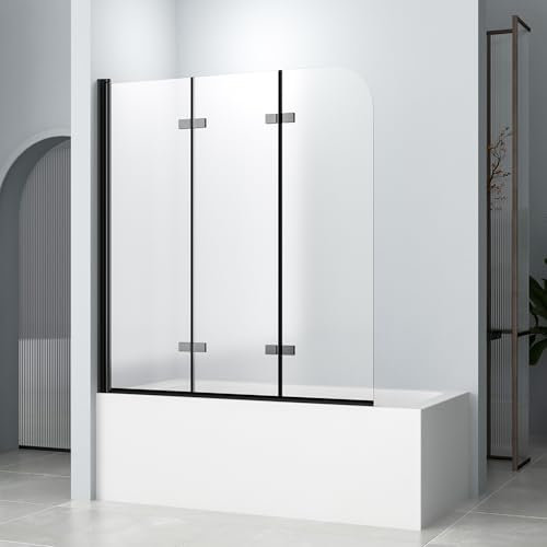 Duschwand für Badewanne 140x140cm 3-teilig faltbar Schwarzes Duschtrennwand Glas Duschabtrennung, badewannenaufsatz 6mm ESG Sicherheitsglas NANO einfach-Reinigung Beschichtung