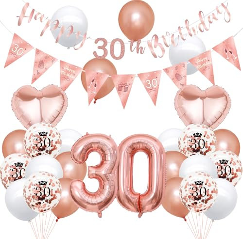 KOBOKO Deko 30 Geburtstag Frau Luftballons Rosegold, Luftballon 30. Geburtstag Deko Rosegold, Ballon Geburtstagsdeko 30 Frauen, Ballons 30er Geburtstags, Folienballon Zahl 30 mit Happy Birthday Banner