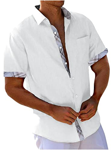 UHouse Chemise Homme en Cotton Lin Vetement Manches Courtes D'Été Chemises Leger Décontracté Chemisette Respirant Habit Col Mao Court Fin Cut Button Down Shirt