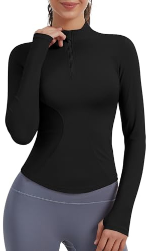 JoyGirl Sport Top Damen Yoga Shirt Langarm Sportshirt Gym Oberteil Leicht Fitness Top mit 1/4 Reißverschluss und Daumenloch (Schwarz, M)